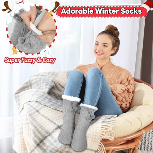 Women Slipper Fuzzy Grips Socks Fluffy Cozy Cabin Warm Winter Soft Thick Comfy Fleece Non Slip Home Socks for Women and Girls Christmas Gifts (Gray)2