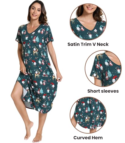 Image of NACHILA Nightgowns for Women-Viscose Made from Bamboo, V Neck Sleepshirts Short Sleeve Sleepwear Cool Nightshirt