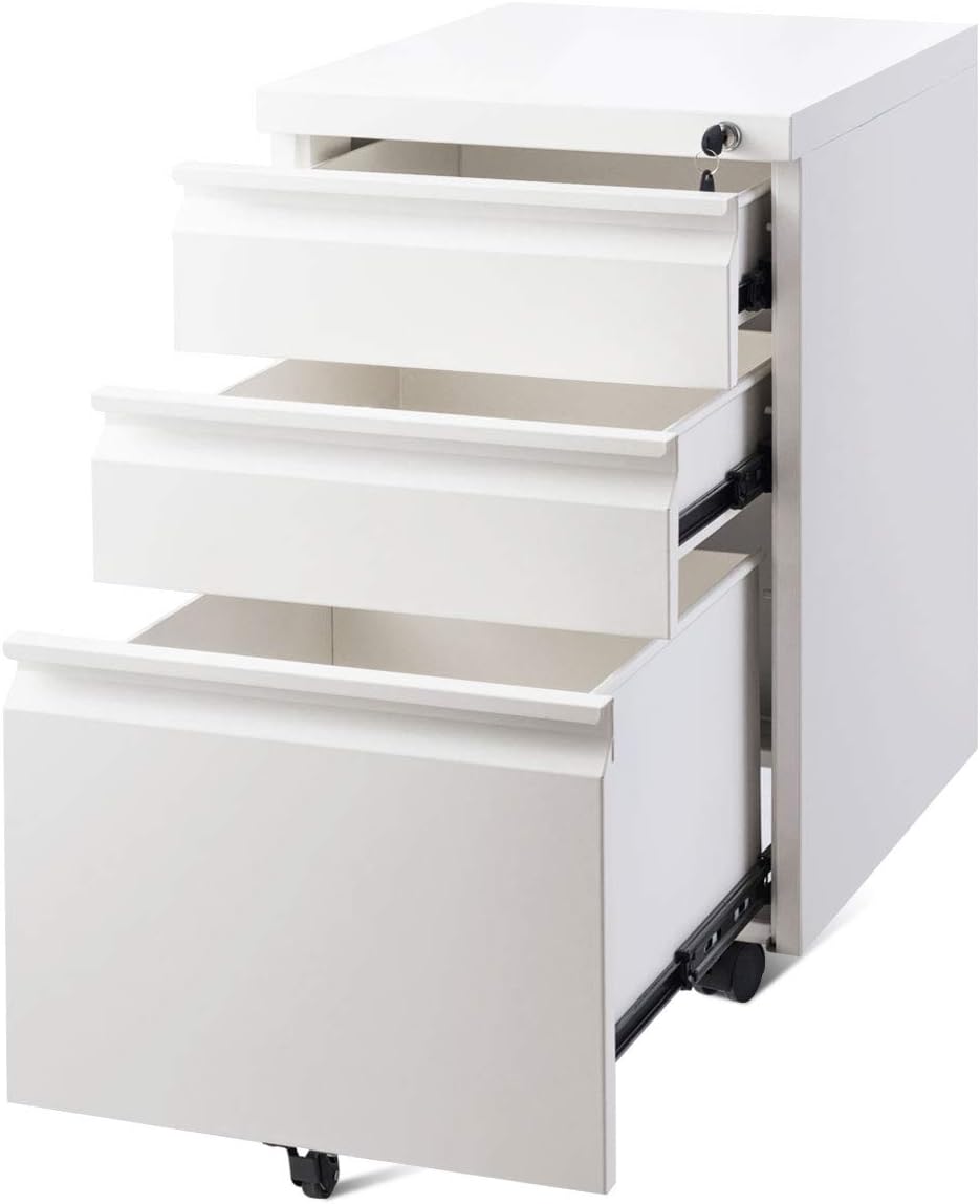 Giantex 3-Drawer Mobile File Cabinet with Lock Key Steel Pedestal Storage for 5 Rolling Casters, A4 Drawers (White)
