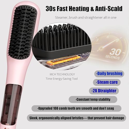 Image of Steam Hair Straightener Brush, 3-in-1 Hair Straightening Brush for Frizzy, Curly & Thick Hair and Short Hair, Steamer Straightener Brush for Anti-Frizz, Steamer for Reduced Heat Damage, Dual Voltage