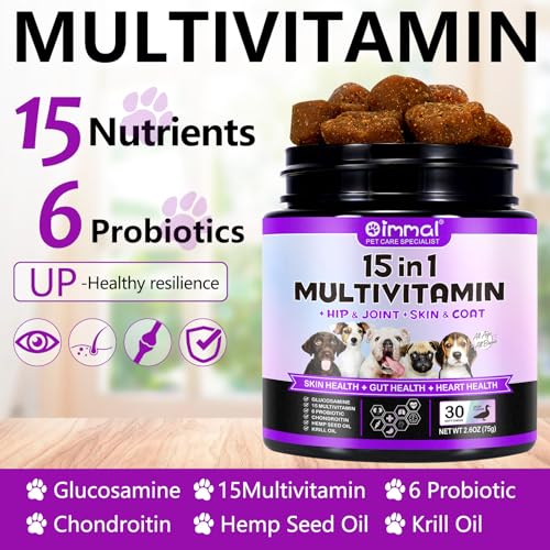 15 in 1 Dog Multivitamin Treats, zur Unterstützung der Gesundheit - Haut, Hüfte und Gelenke, Darmgesundheit, Multivitamin-Kautabletten für Hunde Aller Rassen (30 Kauartikel mit Entengeschmack)