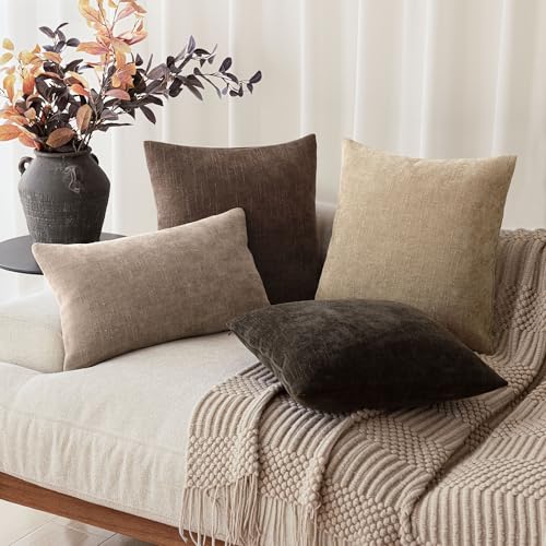 Image of Foindtower Pack of 2 Soft Textured Chenille Throw Decorative Pillow Covers Square Accent Solid Cushion Cover Cozy Neutral Farmhouse Pillow Case for Couch Sofa Bedroom Living Room 18x18 Inch,Red Brown