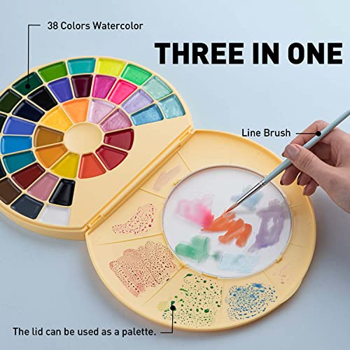 Himi Semi Moist Watercolor Paint Set X Alien Frens - 38 Assorted Colors With Paint Brush Watercolor Pallet, For Beginners Students Kids, Beautiful Gifts For Artists Professional (Yellow) #TOP3