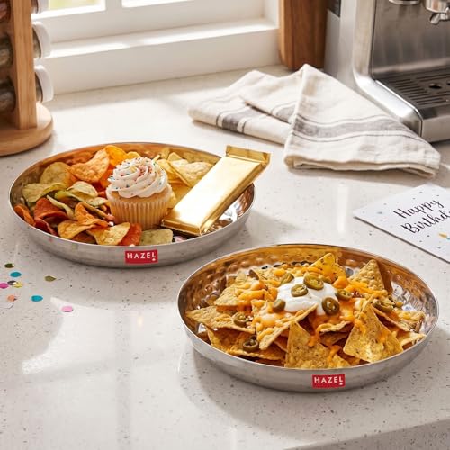 Image of HAZEL Stainless Steel Nashta Plate 15.5 cm, Set of 2 | Hammered Finish Wall Round Steel Thali Snacks Plate for Daily Use Home, Office & Restaurant