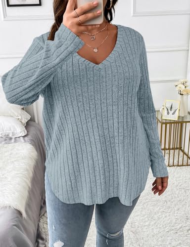 Image of Koscacy Women Plus Size Casual Knit Sweater V Neck Solid Color Tops Lightweight Long Sleeve Blouses