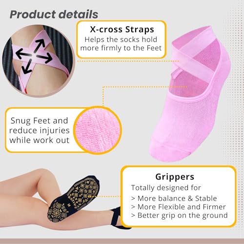 RATIVE X-Cross Straps Anti Slip Non Skid Barre Yoga Pilates Hospital Socks with grips for Mens Womens3