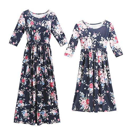 Mommy and Me Beach Sundress Family Matching Floral Print Half-Sleeve Long Maxi Dress (Mommy, XXL)