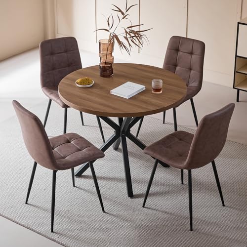 GrandCA HOME Ensemble Table et Chaises à Manger, 4 Chaises en Cuir Technique et Une Table à Manger Ronde Moderne de 100 cm, Adapté aux Cuisines, Salles à...