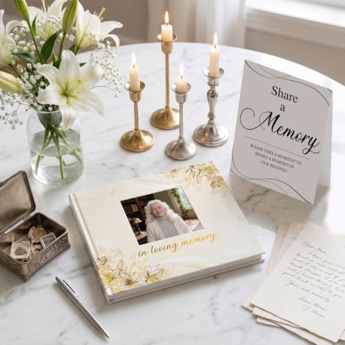 Image of Funeral Guest Book, in Loving Memory Sign in Book with Photo Slot | 330 Entries, Table Sign Card Included, Gold Stamping, Twill-Textured Paper Cover, Celebration of Life Keepsake, 9x7.5 inch, Beige