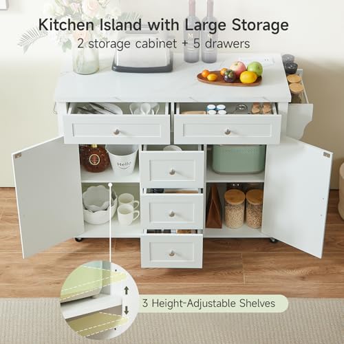 ONBRILL 47\" Kitchen Island with 2 Storage Cabinets & 5 Drawers, Mobile Island Table for Kitchen with Imitation Marble Drop Leaf, Rolling Island Cart with Power Outlet & Spice Rack & Towel Rack, White - Thumbnail 3