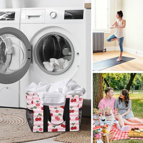 Pink White Striped Fruit Cherry Utility Tote Bag For Women Collapsable Waterproof Canvas Beach Bag Tote 7