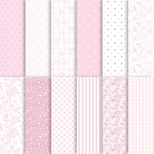 24 Sheets Pink Floral Bird Bow Scrapbook Paper Preppy Floral Ribbon Bow Birds Decorative Craft Paper Folded Flat for Girly Birthday Baby Shower Card Making Photo Album Decor 12 x 12 (A)
