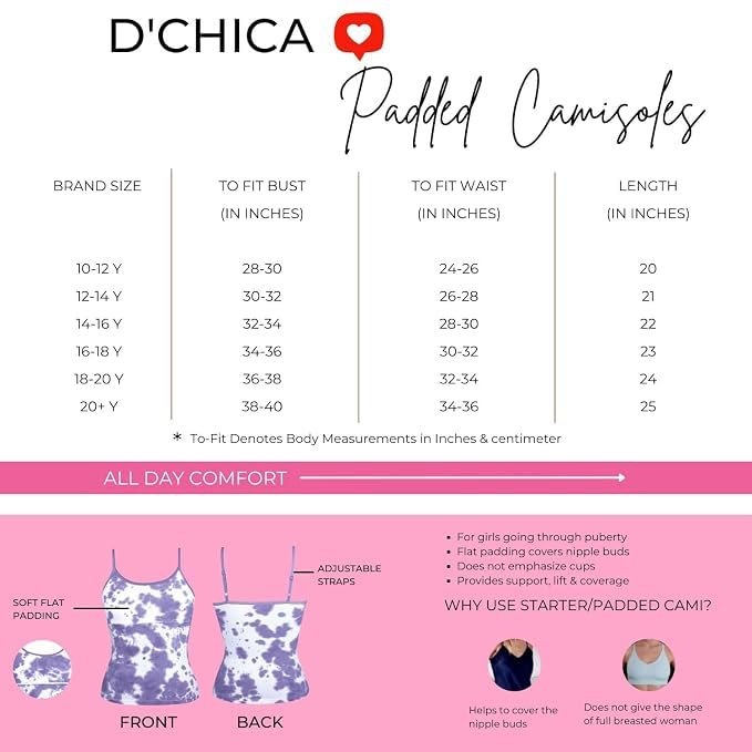 Image of DChica Essentials Padded Camisole Starter Bra for Young Girls, Sleeveless Undershirts Cami Vest with Adjustable Straps, Cotton Camisole Tank Top /Innerwear for Girls