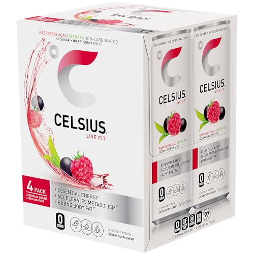 Image of CELSIUS Raspberry Acai Green Tea, Functional Essential Energy Drink, 12 Fl Oz (Pack of 4)