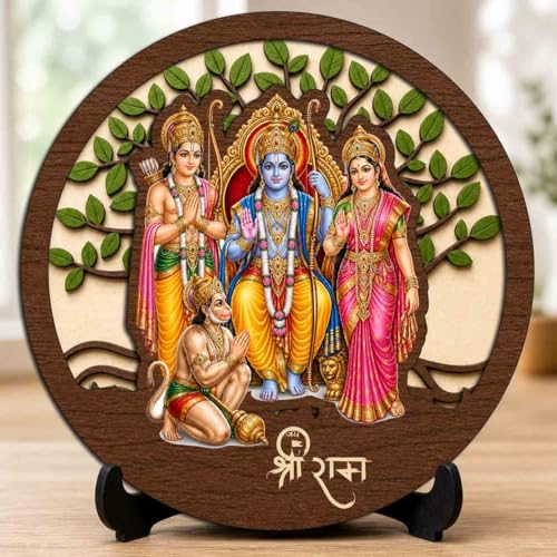 Image of Ram Darbar Round Wooden Devotional Idol with Stand for Puja Room, Home Decor & Religious Gift - 5x5 Inch