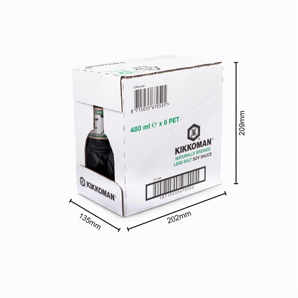 Kikkoman Salsa de SOJA con Menos Sal, para Dietas Bajas en Sal, Pack 6 x 480 ml