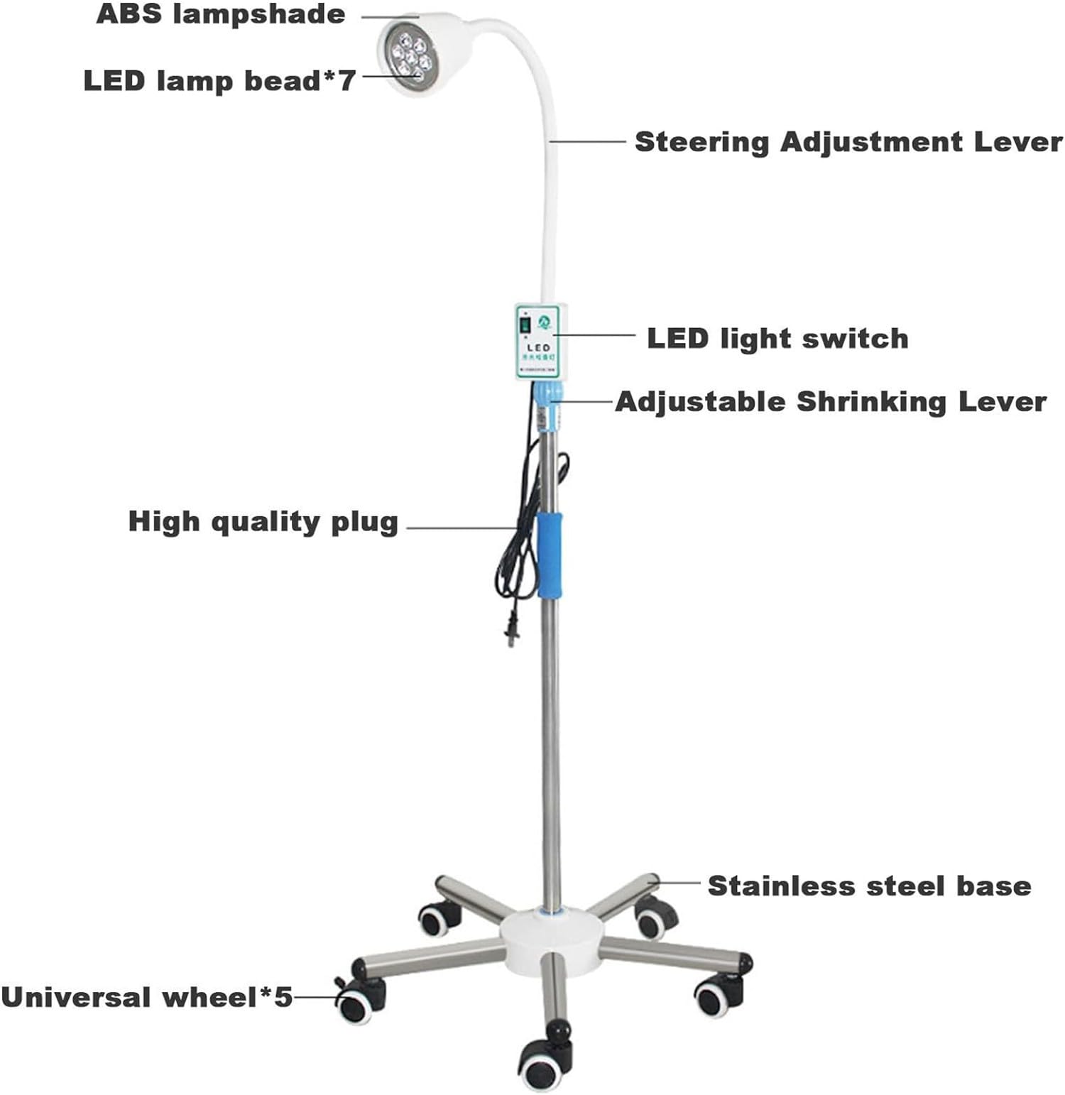 Lámpara Cirugía Menor, Lámpara De Examen Médico LED Lámpara De Pie Tipo Lámpara Para Mascotas Regulable En Altura, Bombilla LED Para Estomatología Ambulatoria De Ginecología