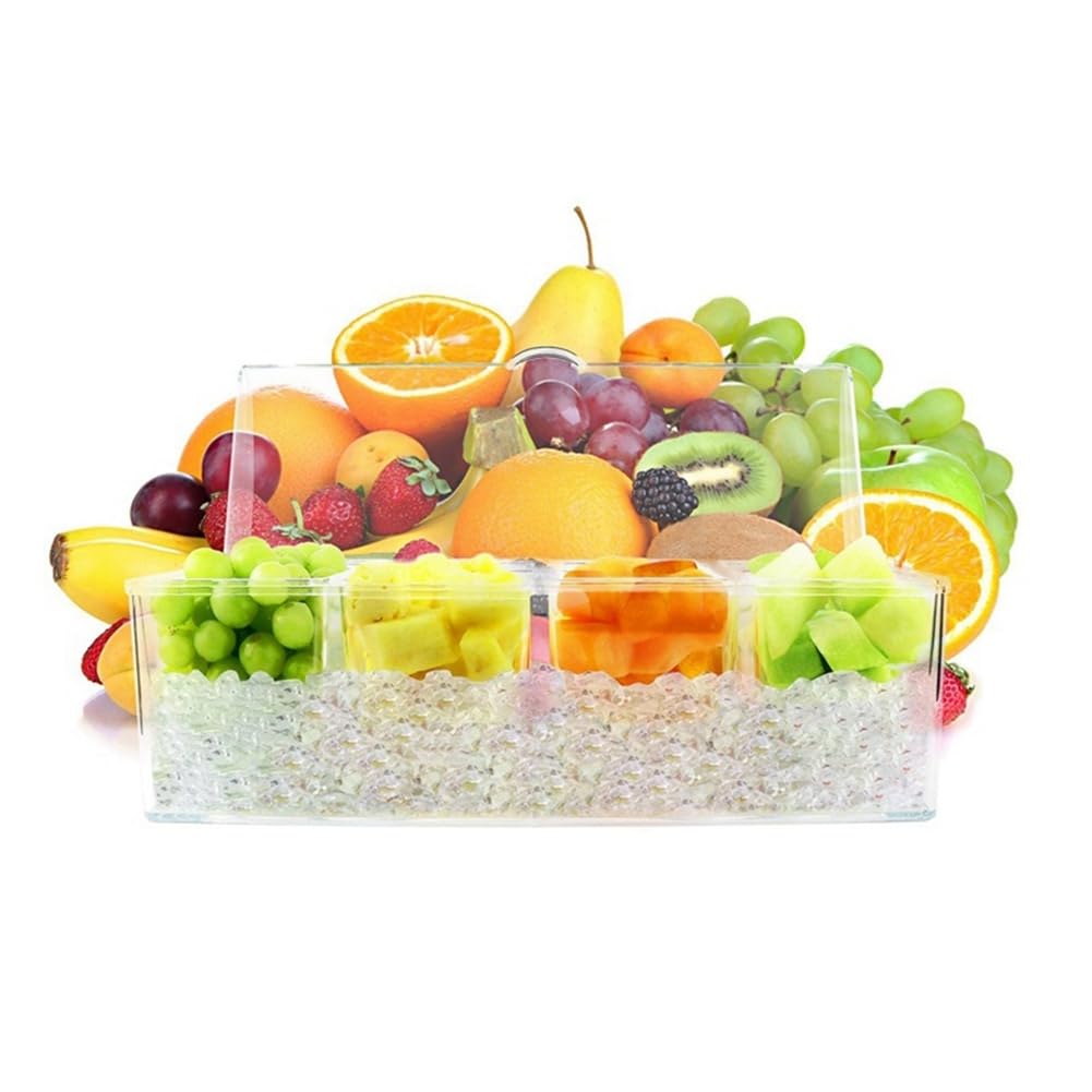 Server per condimenti raffreddato a ghiaccio con 4 contenitori separati, include vassoio e coperchi, perfetto per barbecue, feste e cene all'aperto, mantiene le salse fresche e fredde