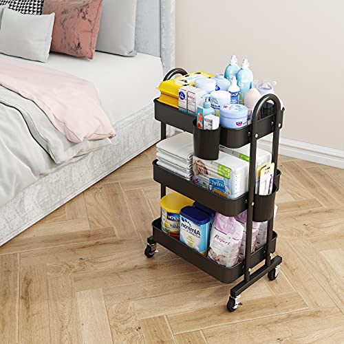 Leguang 3-Tier Rolling Utility Cart Storage Shelves Multifunction Storage Trolley Service Cart With Mesh Basket Handles And Wheels Easy Assembly For Bathroom, Kitchen, Office (Black) #TOP2