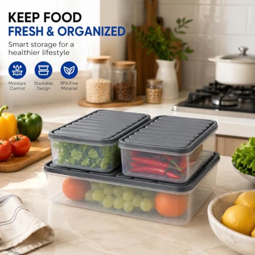 Image of Fridge Storage Containers Set of 3 with Lids | Food Grade Plastic Refrigerator Organizer | 1 x 2500ml & 2 x 1200ml Stackable Kitchen Storage Boxes for Fruits, Vegetables & Meal Prep (2-1200 1-2500)