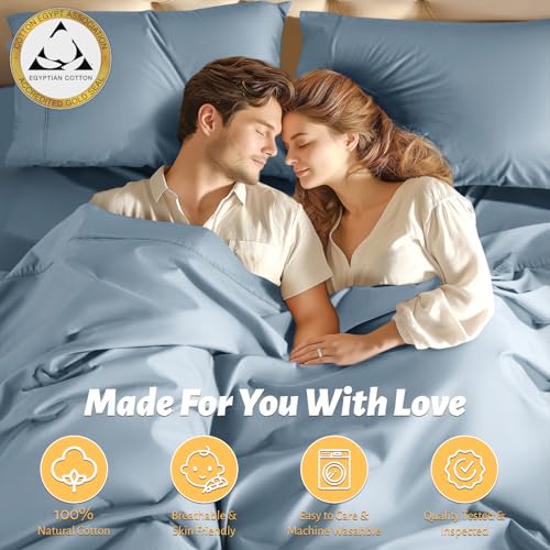 Shilucheng 100% Egyptian Cotton Queen Size Sheets Set - 1000 Thread Count,Luxury Cotton Bed Sheets,Breathable & Cooling Bedding and Pillow Cases, 16 Inch Deep Pocket - 6 Piece (French Blue, Queen)