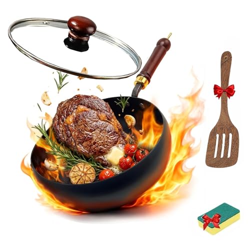 Générique Casserole en fer forgé à la main,Poêle en fer non revêtue, récipient de cuisson polyvalent pour mijoter et frire à haute température (Couvercle en verre, 28CM)