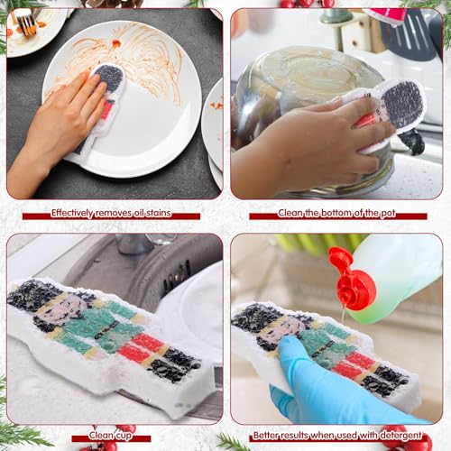 Image of Layhit 12 Pcs Christmas Dish Sponges Cute Kitchen Non Scratch Scrub Sink Sponges Wood Pulp Reusable Household Cleaning Cloth for Kitchen Dishes Furniture(Nutcracker)