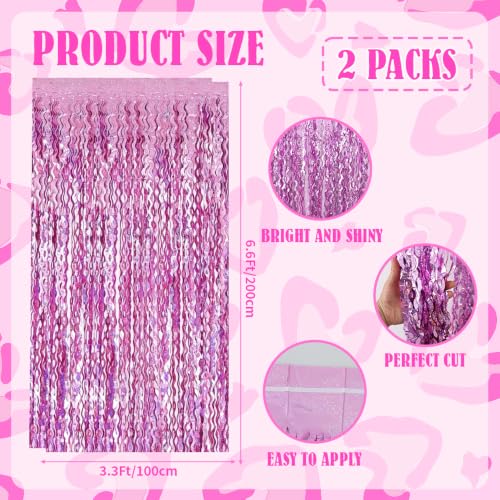 Image of TONIFUL 2Pcs Wavy Pink Metallic Tinsel Foil Fringe Curtain Laser Streamers