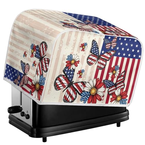 Image of Talayituse Butterfly Daisy American Flag Print Toaster Cover 4 Slice Wide Slot, 4th of July Lightweight Bread Maker Cover Dust Protection Washable Appliance Bag, M