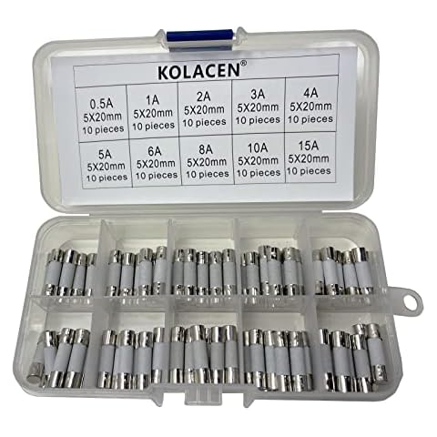KOLACEN Quick Fast-blow ceramic Tube Fuse 5 x 20 mm Assorted Kit 0.5Amp 1Amp 2Amp 3Amp 4Amp 5Amp 6Amp 8Amp 10Amp 15Amp (Pack of 100) Cover