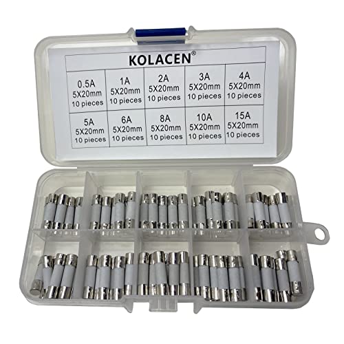 KOLACEN Fusible rápido de tubo de cerámica de rápida fusión 5 x 20 mm Kit surtido 0.5Amp 1Amp 2Amp 3Amp 4Amp 5Amp 6Amp 8Amp 10Amp 15Amp (Paquete de 100) Cover