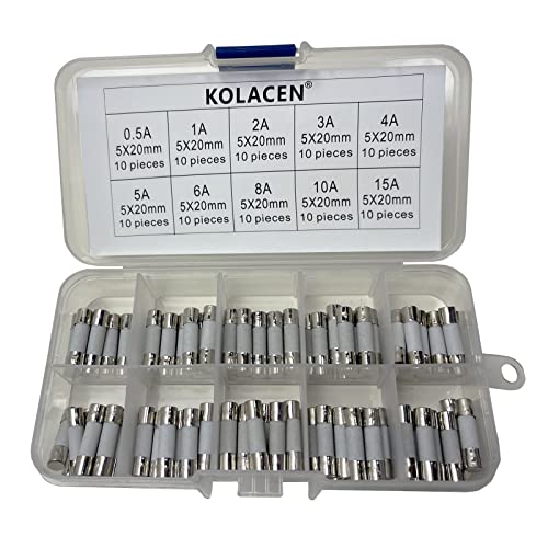 KOLACEN Rapide Fast-Blow en Céramique Tube Fusible 5 x 20 mm Assortis kit 0.5Amp 1Amp 2Amp 3Amp 4Amp 5Amp 6Amp 8Amp 10Amp 15Amp (Paquet de 100)