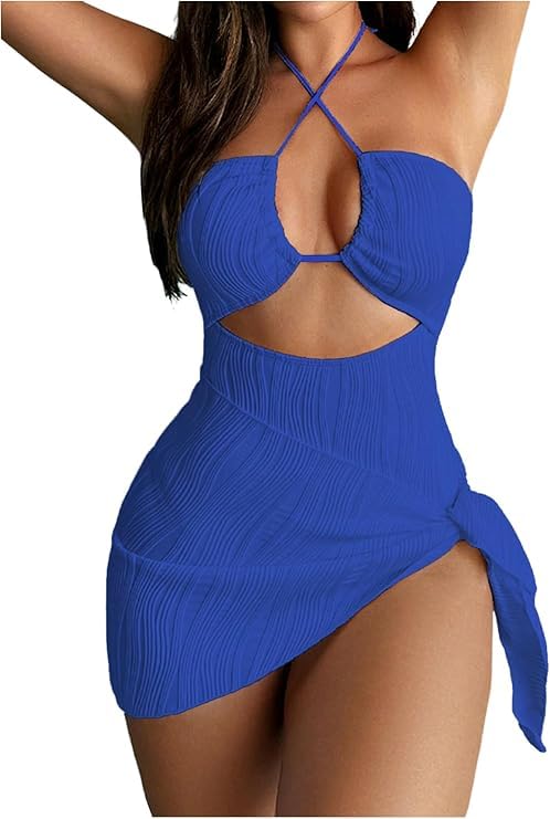 SKAYS Womens One Piece Swimsuit Texture Hollow Out Halter Bathing Suit with Cover-Up 2-Piece Sets Beach Swimwear