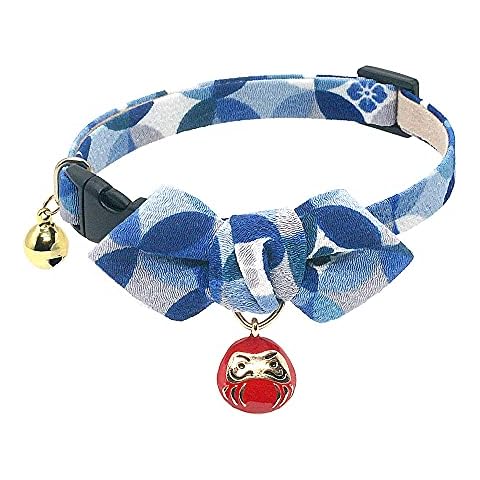 PetSoKoo Diamond Shaped Bowtie Cat Collar with Bell.Japan Lucky Daruma Charm and Cloisonne Print Crepe Fabric.Safety Breakaway.Soft,Lightweight,(Medium,Blue) Cover