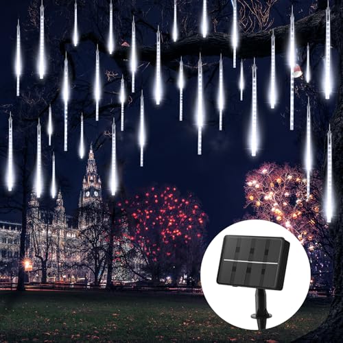 Brightown Solar Meteor Shower Lights Outdoor - 576 LED Rain Drop Lights with 16 Tubes 16 Inches - Solar Powered Christmas Decorations for Tree Bushes Holiday Party Christmas Decor Pure White