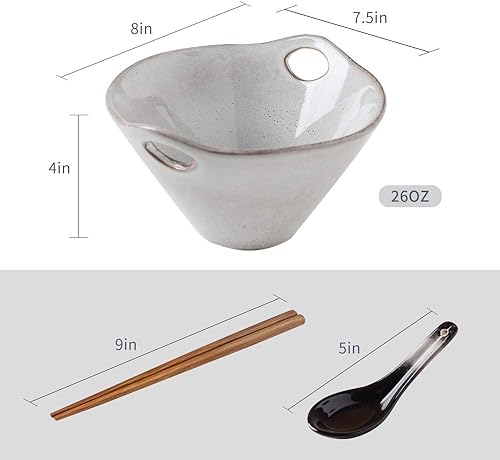 Miniatura 3 de KOOV Juego de 2 tazones y cucharas de ramen de porcelana, cuencos de fideos japoneses para ramen con palillos y cucharas, cuenco de fideos profundos