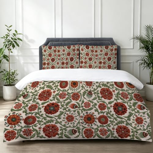 Parure de lit rouge brique style pastoral avec housse de couette imprimée fleurs - 3