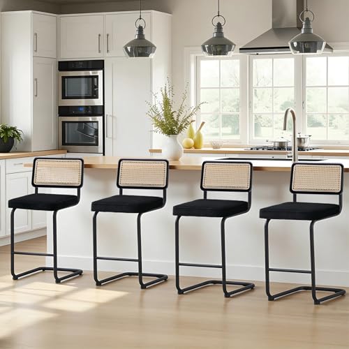 Image of Zesthouse Natural Rattan Counter Stools Set of 4, 26 inch Modern Bar Stools with Solid Wood Back & Chrome Base, Black Velvet Counter Height Barstools, Mid Century Cantilever High Chairs for Kitchen Island