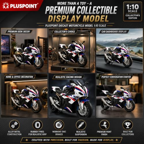 Image of PLUSPOINT Diecast 1000RR Motorcycle Model 1:10 Scale | Alloy Metal Super Bike Simulation Toy with Realistic Details | Collectible Motorbike Model for Kids, Adults, Desk & Car Dashboard Display