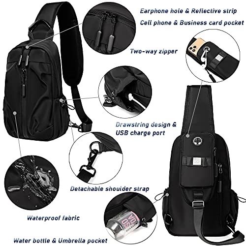 Sling Bag Crossbody Backpack Shoulder Bag For Men Women, Lightweight Adjustable Strap Backpack Sling Backpack For Hiking Walking Biking Travel Cycling Usb Charger Port (Medium-Black) #TOP2
