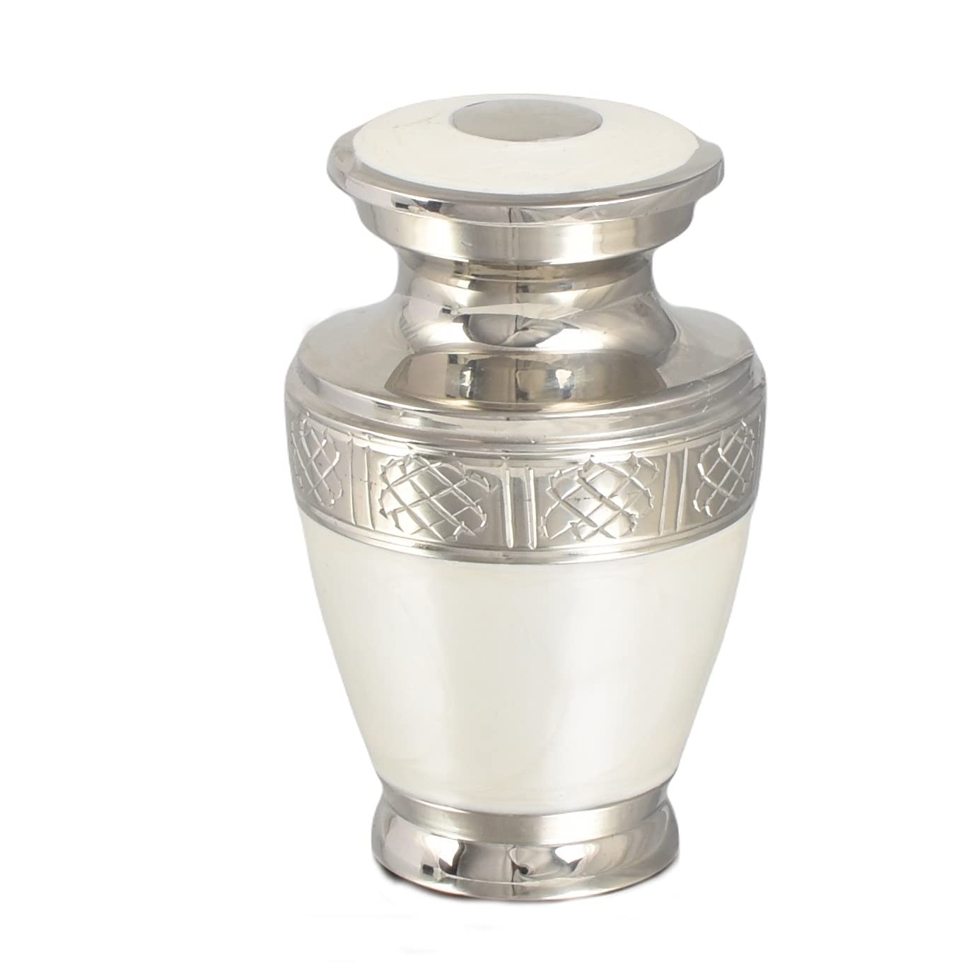 Small Keepsake Urn for Human & Pet Ashes – 3" Memorial Container With Velvet Presentation Gift Box - Capacity 7 Teaspoons - Handcrafted in Metal Aluminium Brass (White Milano Style) — image 1