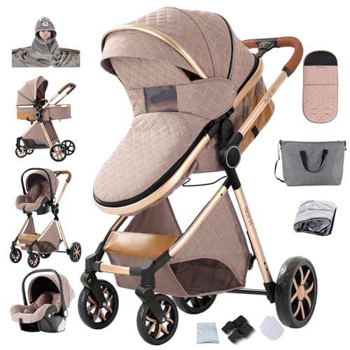 Aveainelle Cochecito 3 en 1, CochIT de Viaje Reclinable y Reversible, Carricoche Carro 3 Piezas Plegable con Un Solo Clic, Carrito con AccITorios Completos y Frenos DoblIT (V9 Khaki+Toalla de baño)