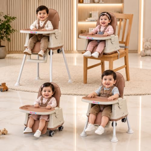 Image of Maa Love 4-in-1 Baby High Chair for 0-5 Years, Adjustable Height Feeding Chair with Detachable Tray, One-Hand Fold, Multifunctional High Chair (Brown)