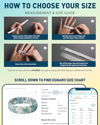 Image of Egnaro Women's Silicone Statement Rings, 5.2mm Wide 2mm Thick Rubber Printed Floral Wedding Bands For Her Size 4-12