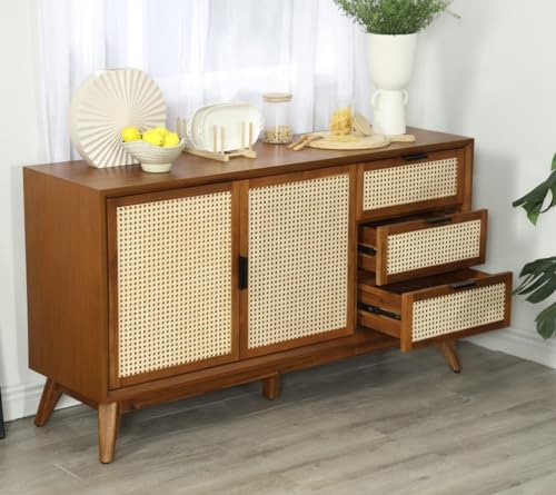 Image of Bme Rattan Pre-Assembled Buffet Sideboard with 3 Drawers & 2 Doors, 58 inch Accent Console Table Living Room, Kitchen, Dining, Dark Chocolate, Jasper Storage Cabinet