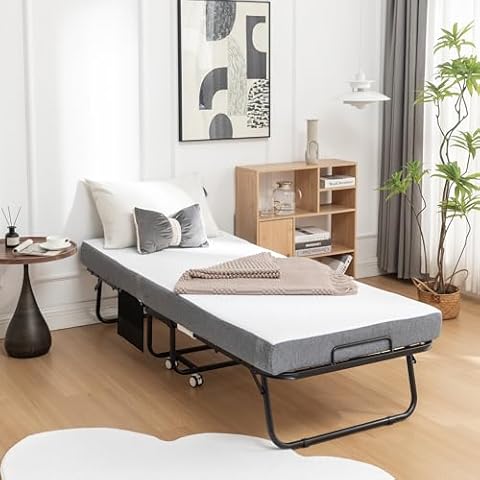 Hohuqeri Folding Bed with Mattress, 75 x 31 Inches Folded Bed, Roll Away Guest Bed for Adults, Portable Foldable Bed with Sturdy Metal Frame on Wheels, Fold up Bed with 5 Inches Memory Foam Mattress Cover