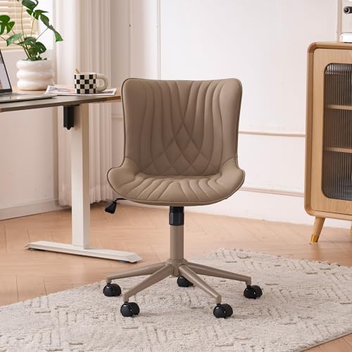 Image of YOUTASTE All Khaki Office Chair, Modern Armless Desk Chair with Back, Adjustable Swivel Rolling Faux Leather Task Chair with Wheels Metal Base for Home Office, Study, or Vanity