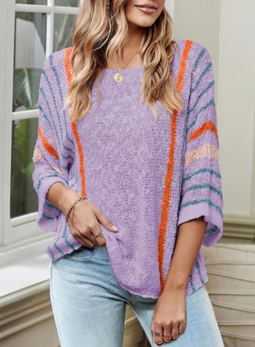 Image of Dokotoo Womens 2026 Spring Summer Casual Crewneck 3 /4 Sleeve Striped Lightweight Knit Trendy Boho Tops Pullover Sweaters