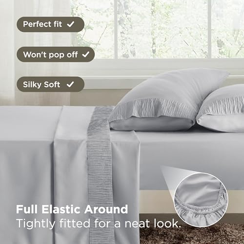 Image of Bedsure Full Size Bed Sheets - 4 Pieces Soft Full Sheet Set - Breathable & Cooling - Hotel Luxury - Easy Care Polyester Microfiber Bedding for Women, Men, Light Grey
