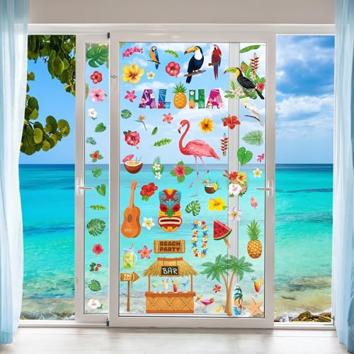 Image of 103 PCS Hawaiian Window Clings, 9 Sheets Tropical Hawaiian Party Decorations, Double-Sided Summer Window Clings with Tiki Masks Hibiscus Lei Patterns, Aloha Party Decorations for Home Office